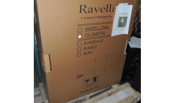 Pelletkachel fabr. Ravelli type Olimpia . -3,5-8,9KW- Rendement 90%/92,6% - Inhoud pelletreservoir 15kg. – Rookgasafvoer diameter 80 –afm. 1038x826x315- kleur wit.